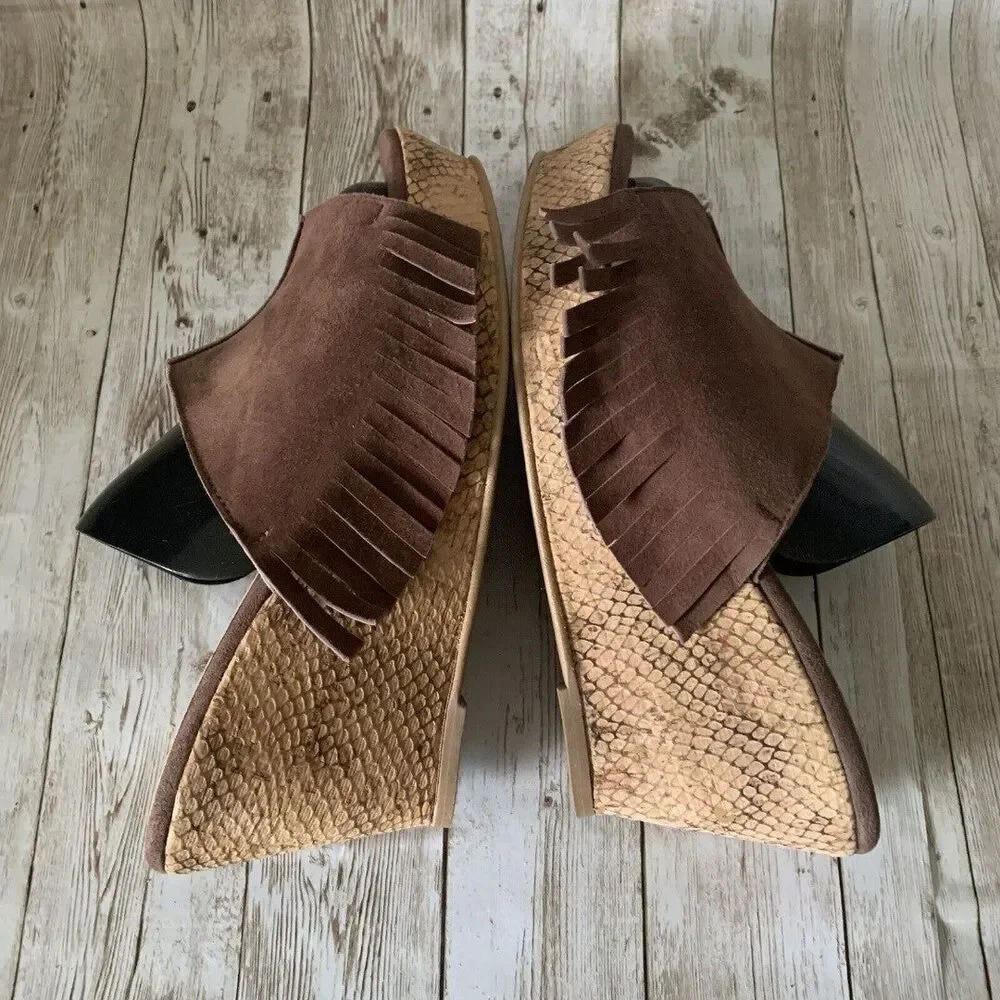 Brenda Zaro Women's Suede Wedge Slip on Slideswith Fringe Size 7.5 Made in Spain
